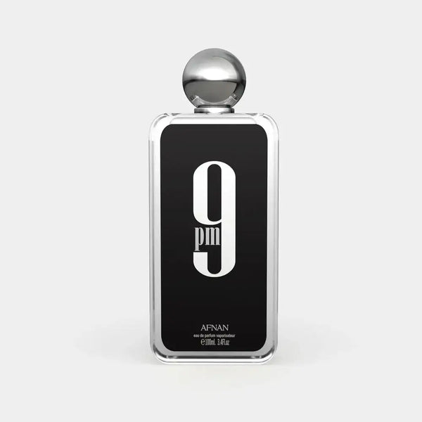 9 PM fragrance bottle by Afnan, showcasing a bold design and masculine scent.