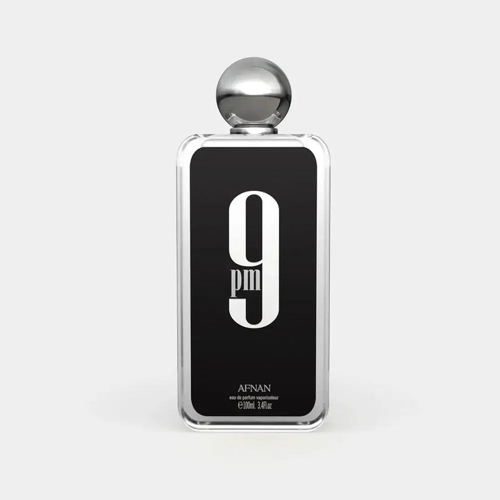 9 PM fragrance bottle by Afnan, showcasing a bold design and masculine scent.