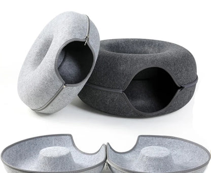 Donut Cat Bed & Tunnel – Interactive Felt House for Cats & Kittens