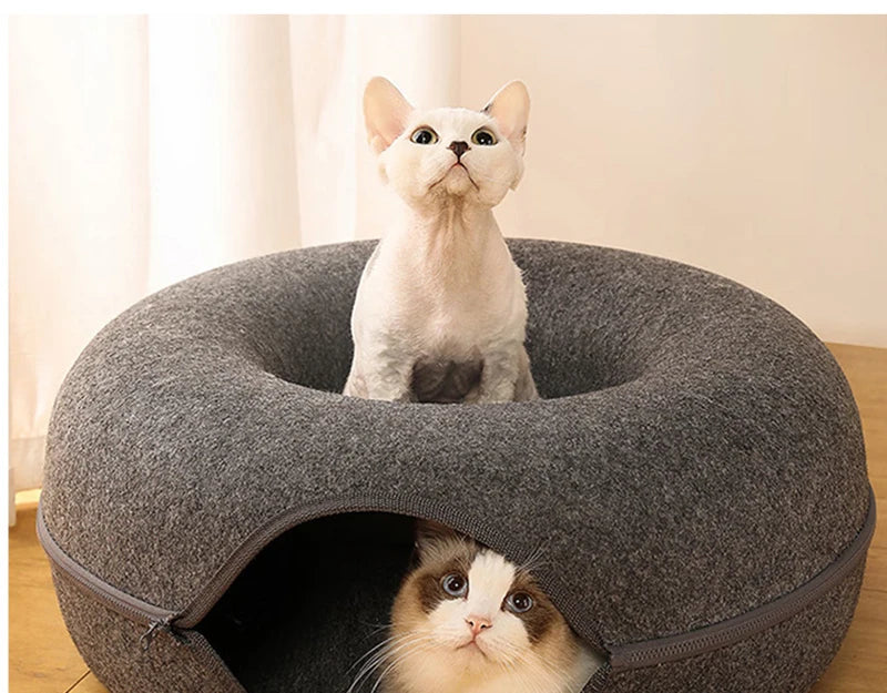 Donut Cat Bed & Tunnel – Interactive Felt House for Cats & Kittens