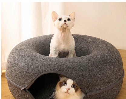 Donut Cat Bed & Tunnel – Interactive Felt House for Cats & Kittens