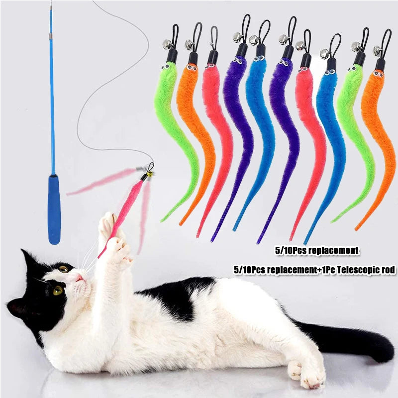 Replaceable Plush Cat Toy Worm Heads – Funny Cat Stick Accessories (5/6/10/11 Pcs)