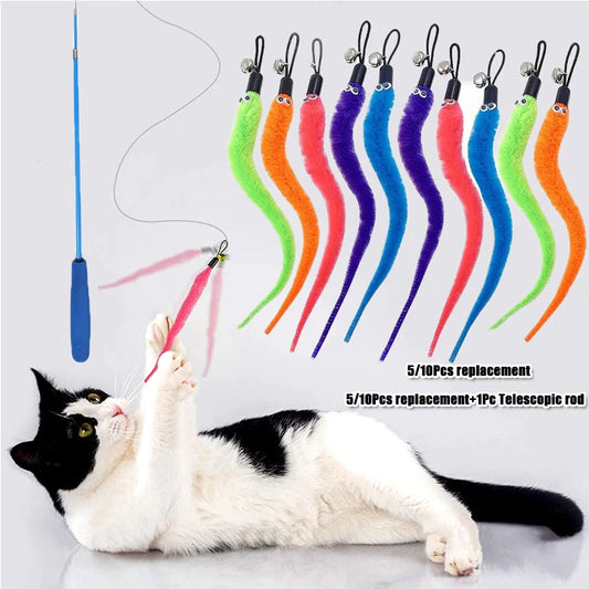 Replaceable Plush Cat Toy Worm Heads – Funny Cat Stick Accessories (5/6/10/11 Pcs)