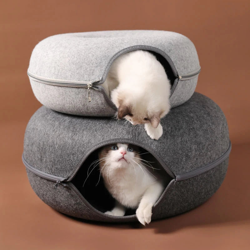 Donut Cat Bed & Tunnel – Interactive Felt House for Cats & Kittens