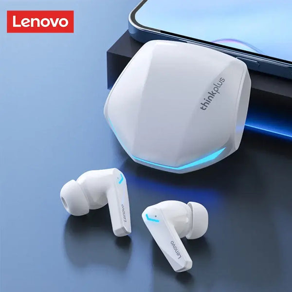 Lenovo GM2 Pro 5.3 Bluetooth Earbuds – Wireless Gaming Headset with Mic displayed with charging case and smartphone.