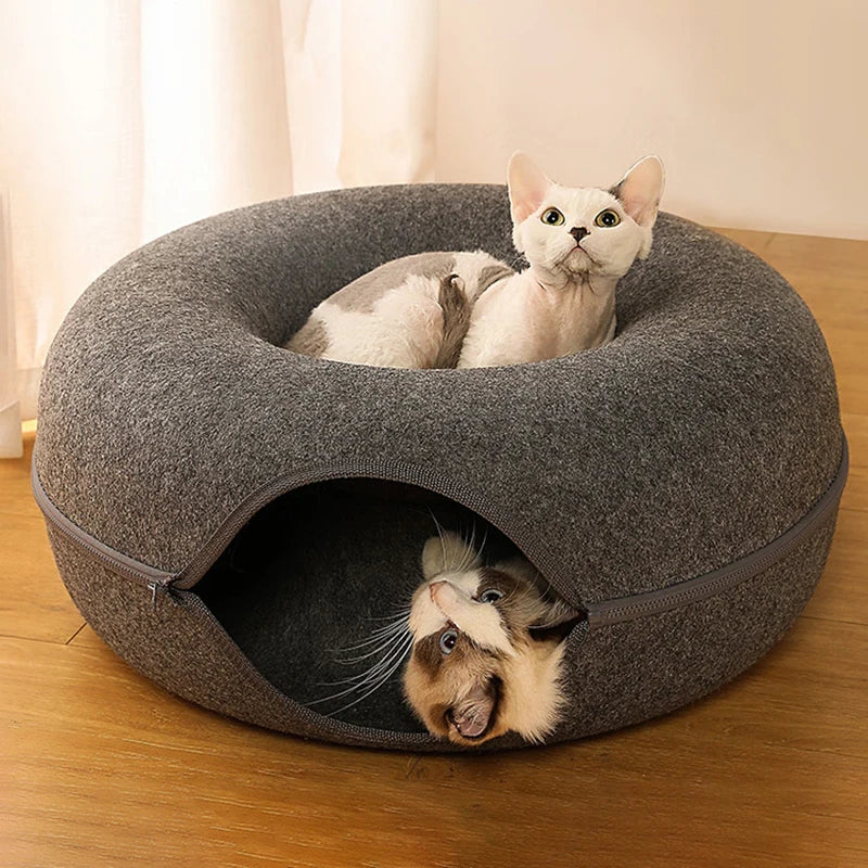 Donut Cat Bed & Tunnel – Interactive Felt House for Cats & Kittens