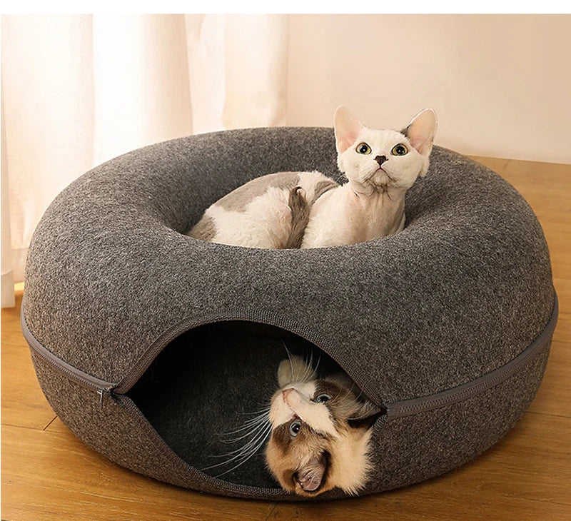 Donut Cat Bed & Tunnel – Interactive Felt House for Cats & Kittens