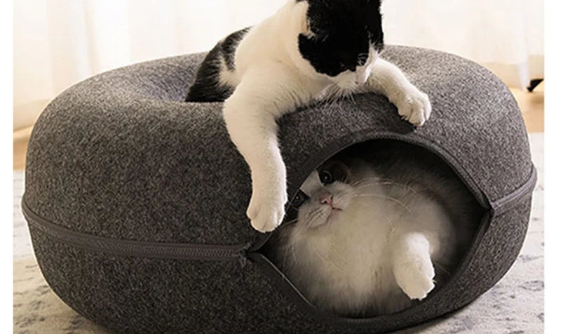 Donut Cat Bed & Tunnel – Interactive Felt House for Cats & Kittens