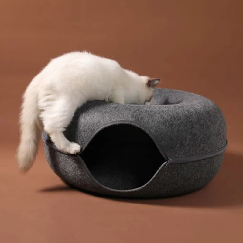 Donut Cat Bed & Tunnel – Interactive Felt House for Cats & Kittens